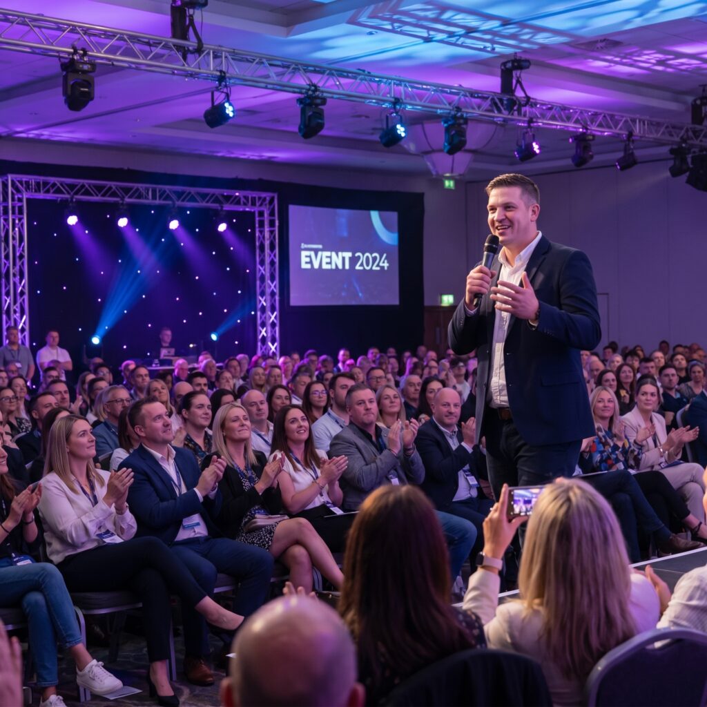 Spreker met microfoon voor een volle zaal tijdens een event