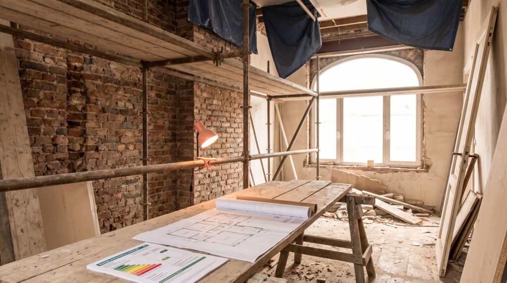 Werktafel met bouwplannen en energielabel in een woning in renovatie