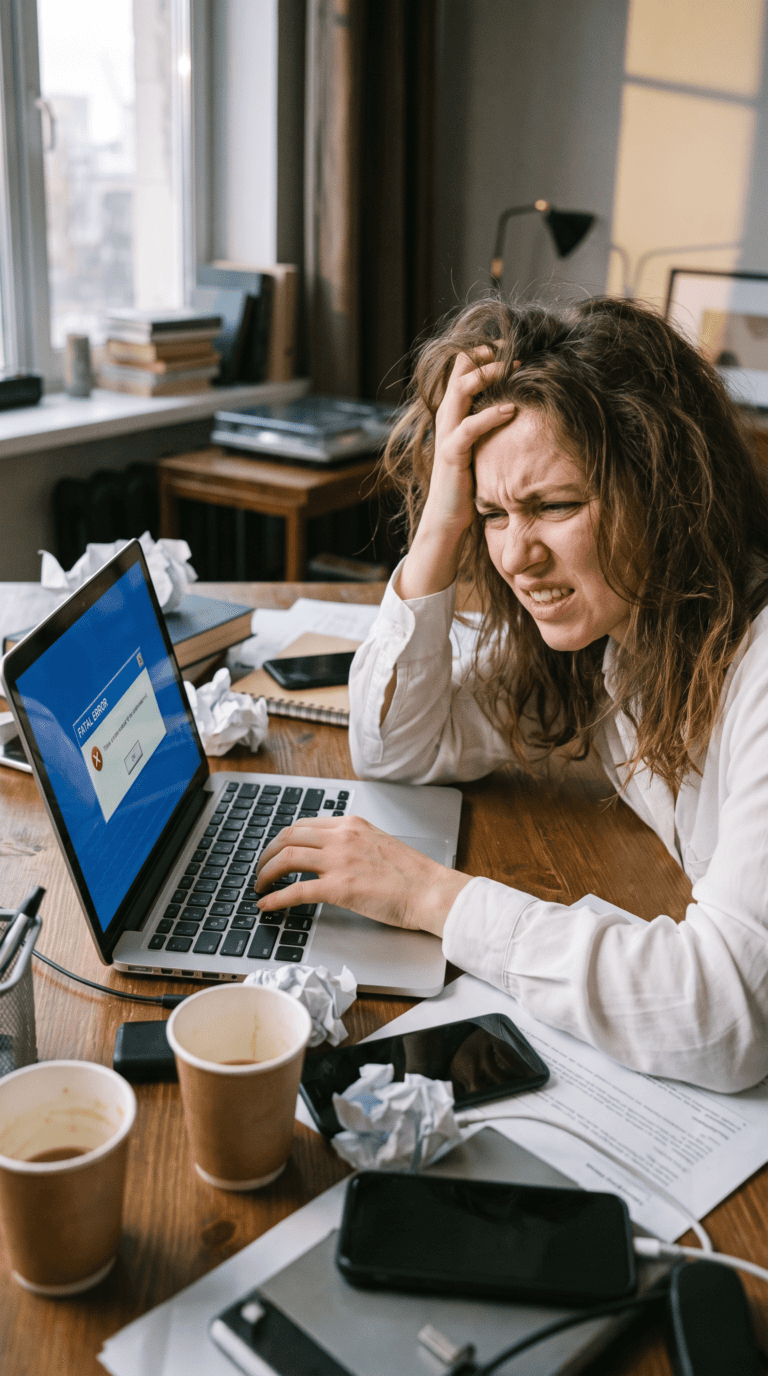 Vrouw kijkt gefrustreerd naar haar laptop tussen verfrommelde papieren
