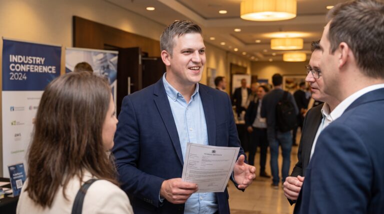 Deelnemers in gesprek met een document in de hand tijdens een conferentie