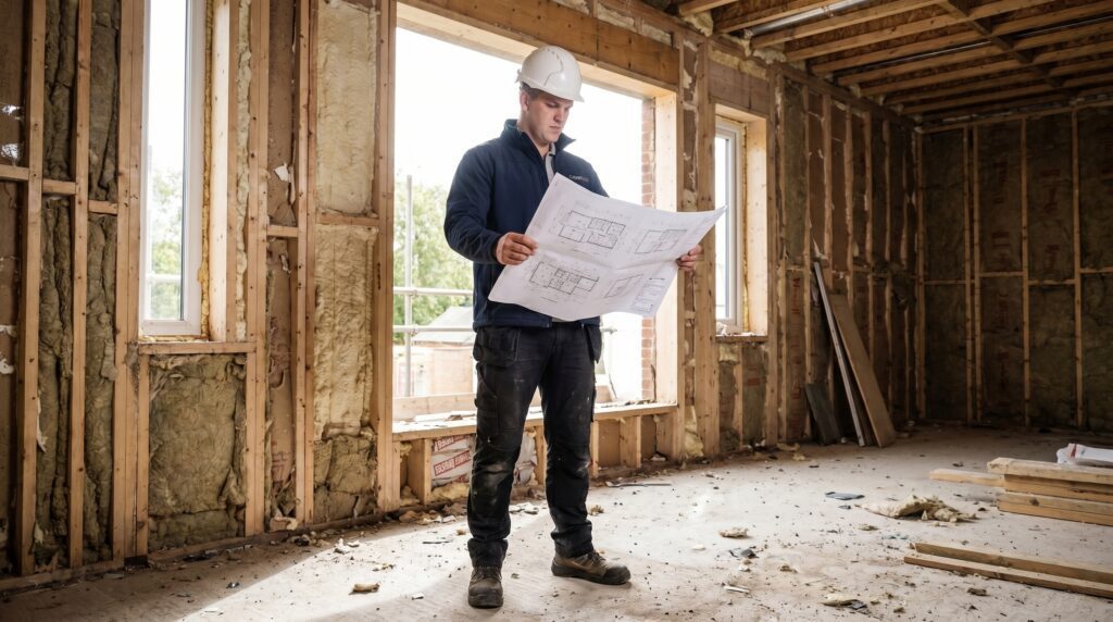Man met bouwhelm bekijkt een bouwplan in een woning in renovatie