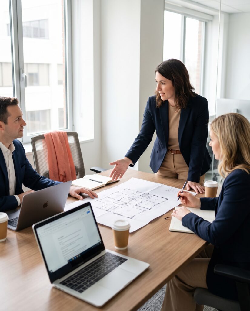 Drie professionals bespreken een grondplan aan een vergadertafel
